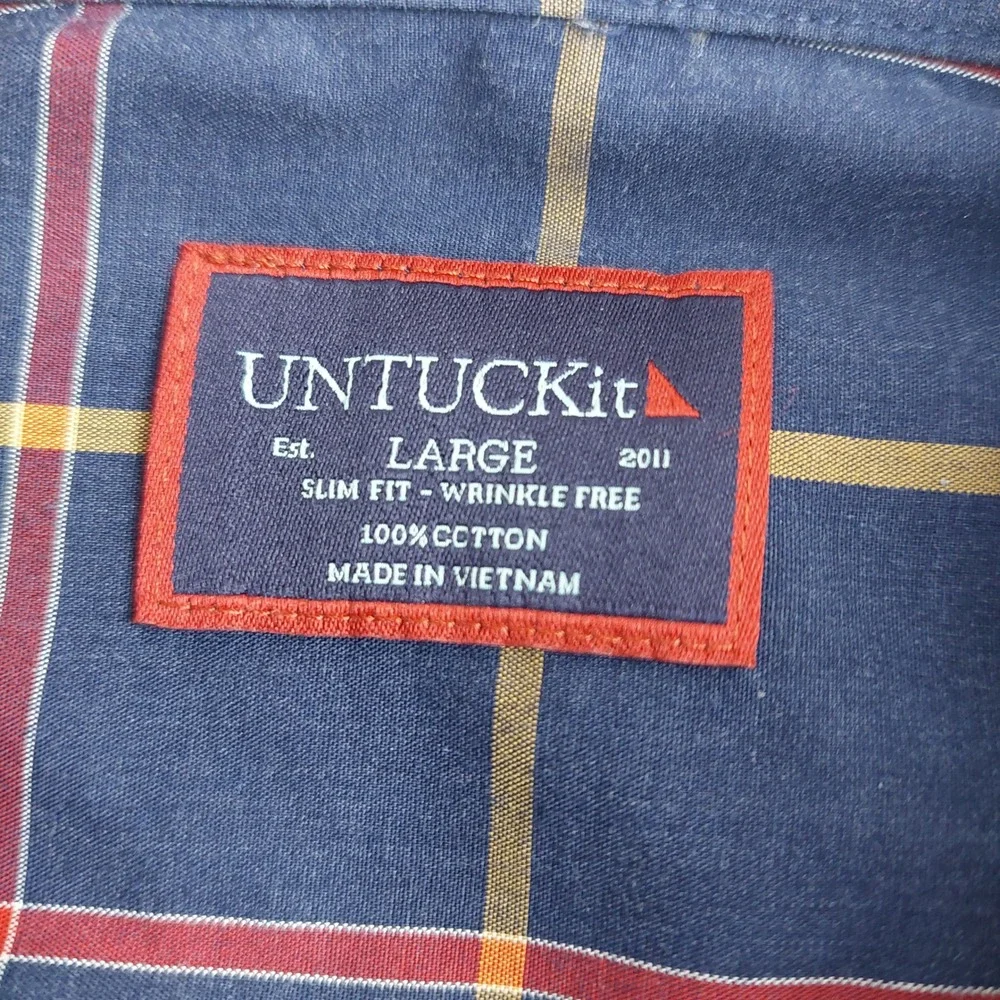 UNTUCKit Button Down Mens Large Navy Blue Red Yellow Plaid Slim Fit Wrinkle Free - Picture 4 of 6